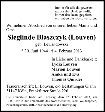 Anzeige von Sieglinde Blaszczyk von Kölner Stadt-Anzeiger / Kölnische Rundschau / Express