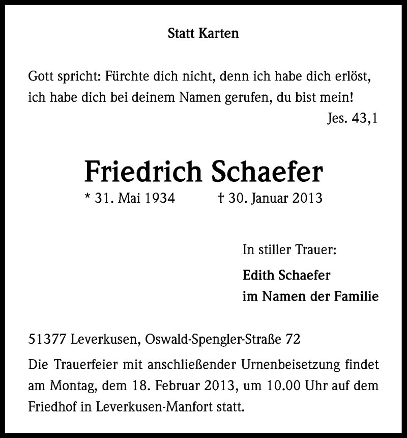  Traueranzeige für Friedrich Schaefer vom 09.02.2013 aus Kölner Stadt-Anzeiger / Kölnische Rundschau / Express