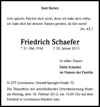 Anzeige von Friedrich Schaefer von Kölner Stadt-Anzeiger / Kölnische Rundschau / Express