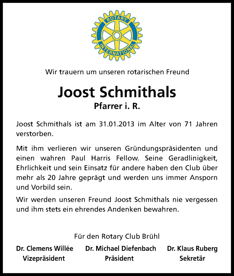  Traueranzeige für Joost Schmithals vom 09.02.2013 aus Kölner Stadt-Anzeiger / Kölnische Rundschau / Express