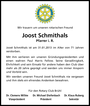 Anzeige von Joost Schmithals von Kölner Stadt-Anzeiger / Kölnische Rundschau / Express