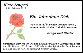 Anzeige von Kläre Sauperl von Kölner Stadt-Anzeiger / Kölnische Rundschau / Express