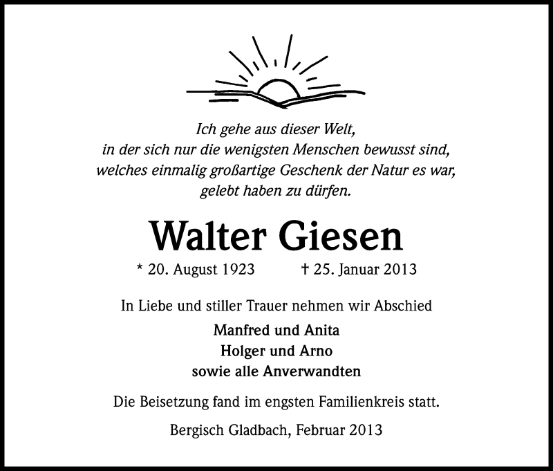  Traueranzeige für Walter Giesen vom 09.02.2013 aus Kölner Stadt-Anzeiger / Kölnische Rundschau / Express