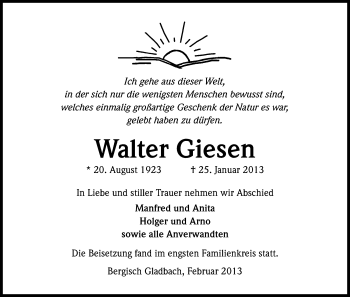 Anzeige von Walter Giesen von Kölner Stadt-Anzeiger / Kölnische Rundschau / Express