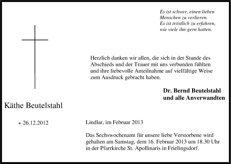  Traueranzeige für Käthe Beutelstahl vom 09.02.2013 aus Kölner Stadt-Anzeiger / Kölnische Rundschau / Express