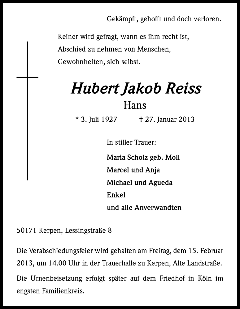  Traueranzeige für Hubert Jakob Reiss vom 09.02.2013 aus Kölner Stadt-Anzeiger / Kölnische Rundschau / Express