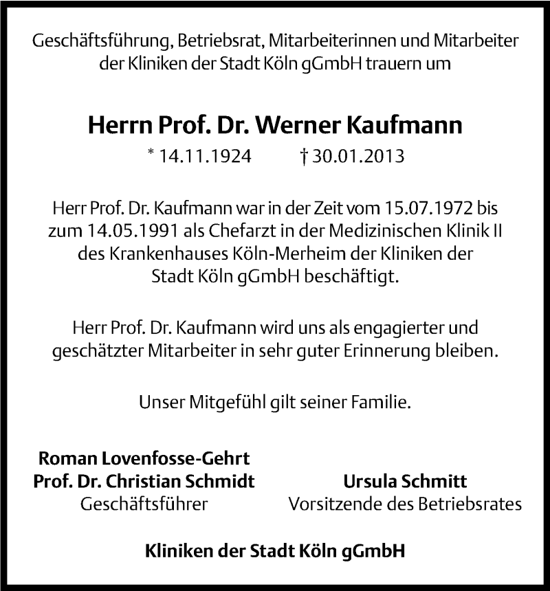  Traueranzeige für Werner Kaufmann vom 09.02.2013 aus Kölner Stadt-Anzeiger / Kölnische Rundschau / Express