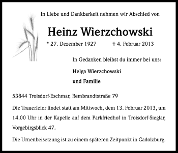 Anzeige von Heinz Wierzchwoski von Kölner Stadt-Anzeiger / Kölnische Rundschau / Express