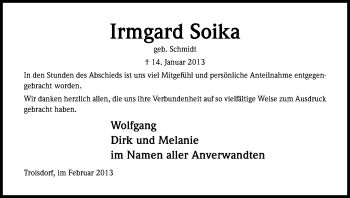 Anzeige von Irmgard Soika von Kölner Stadt-Anzeiger / Kölnische Rundschau / Express