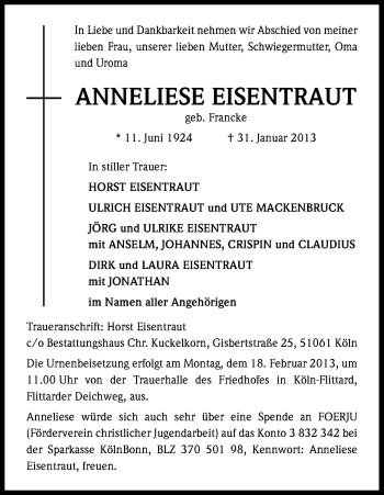 Anzeige von Anneliese Eisentraut von Kölner Stadt-Anzeiger / Kölnische Rundschau / Express