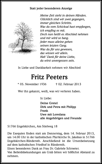 Anzeige von Fritz Peeters von Kölner Stadt-Anzeiger / Kölnische Rundschau / Express