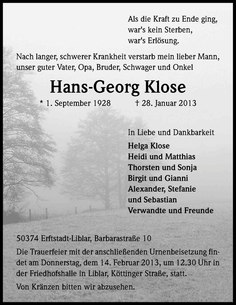  Traueranzeige für Hans-Georg Klose vom 09.02.2013 aus Kölner Stadt-Anzeiger / Kölnische Rundschau / Express