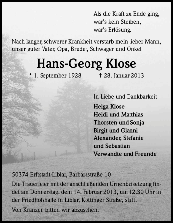 Anzeige von Hans-Georg Klose von Kölner Stadt-Anzeiger / Kölnische Rundschau / Express
