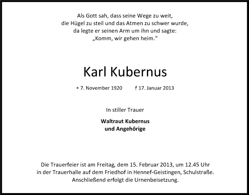  Traueranzeige für Karl Kubernus vom 09.02.2013 aus Kölner Stadt-Anzeiger / Kölnische Rundschau / Express