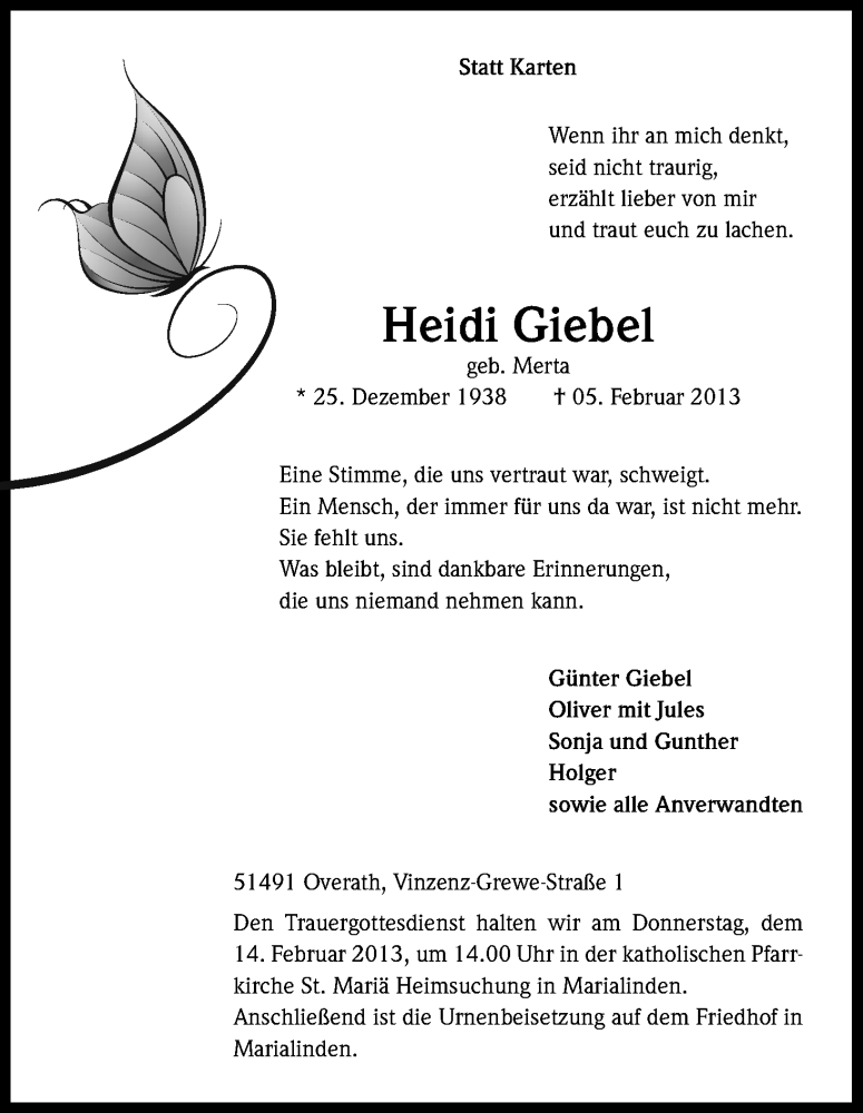  Traueranzeige für Heidi Giebel vom 09.02.2013 aus Kölner Stadt-Anzeiger / Kölnische Rundschau / Express