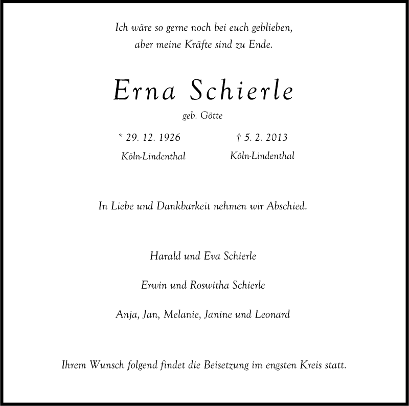  Traueranzeige für Erna Schierle vom 11.02.2013 aus Kölner Stadt-Anzeiger / Kölnische Rundschau / Express