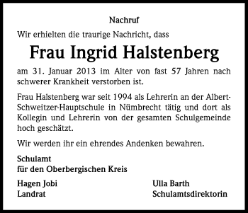 Anzeige von Ingrid Halstenberg von Kölner Stadt-Anzeiger / Kölnische Rundschau / Express