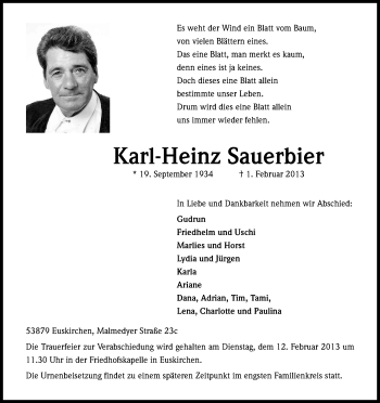 Anzeige von Karl-Heinz Sauerbier von Kölner Stadt-Anzeiger / Kölnische Rundschau / Express