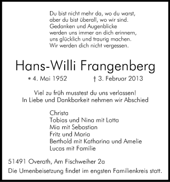 Anzeige von Hans-Wilii Frangenberg von Kölner Stadt-Anzeiger / Kölnische Rundschau / Express