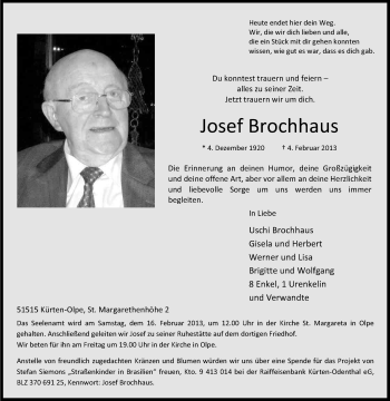 Anzeige von Josef Brochhaus von Kölner Stadt-Anzeiger / Kölnische Rundschau / Express