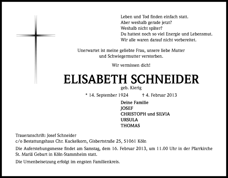  Traueranzeige für Elisabeth Schneider vom 09.02.2013 aus Kölner Stadt-Anzeiger / Kölnische Rundschau / Express