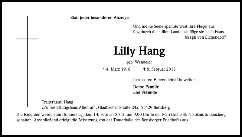  Traueranzeige für Lilly Hang vom 09.02.2013 aus Kölner Stadt-Anzeiger / Kölnische Rundschau / Express