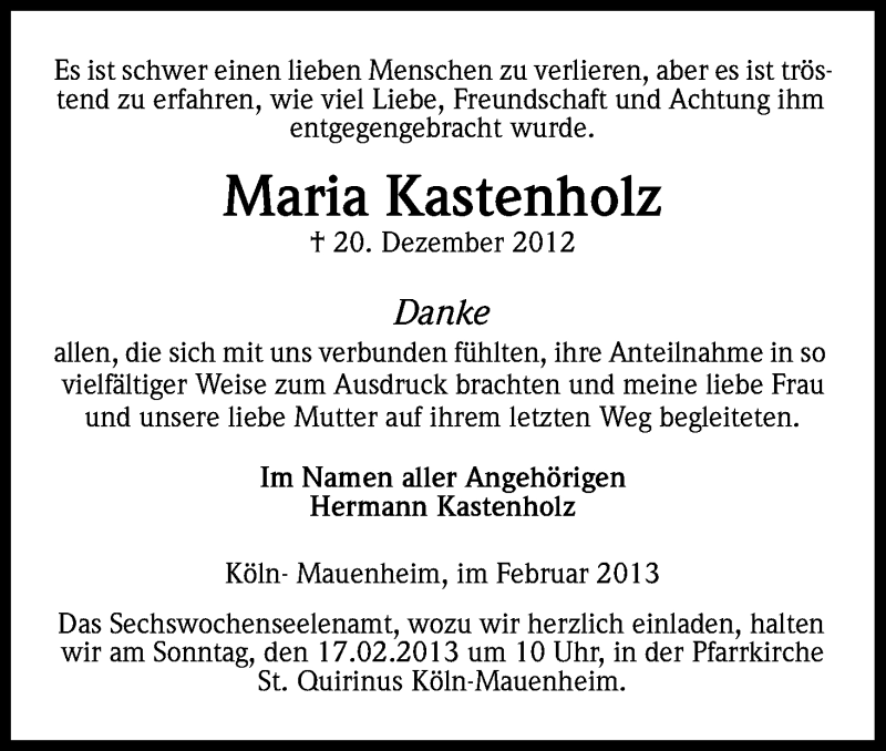  Traueranzeige für Maria Kastenholz vom 14.02.2013 aus Kölner Stadt-Anzeiger / Kölnische Rundschau / Express
