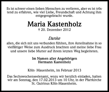 Anzeige von Maria Kastenholz von Kölner Stadt-Anzeiger / Kölnische Rundschau / Express
