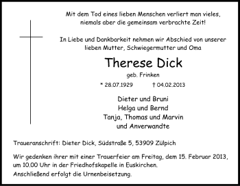 Anzeige von Therese Dick von Kölner Stadt-Anzeiger / Kölnische Rundschau / Express