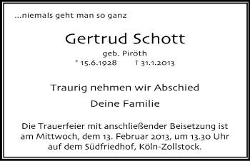 Anzeige von Gertrud Schott von Kölner Stadt-Anzeiger / Kölnische Rundschau / Express