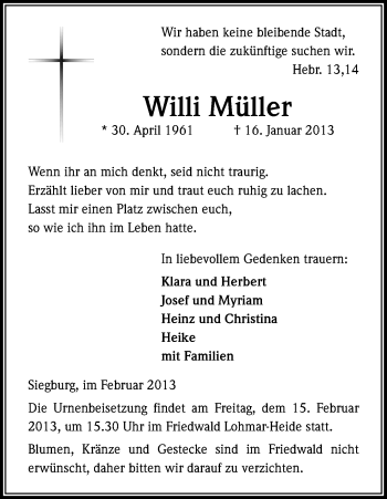 Anzeige von Willi Müller von Kölner Stadt-Anzeiger / Kölnische Rundschau / Express