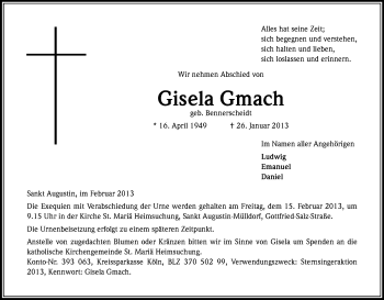 Anzeige von Gisela Gmach von Kölner Stadt-Anzeiger / Kölnische Rundschau / Express