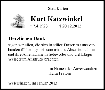Anzeige von Kurt Katzwinkel von Kölner Stadt-Anzeiger / Kölnische Rundschau / Express