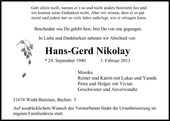 Anzeige von Hans-Gerd Nikolay von Kölner Stadt-Anzeiger / Kölnische Rundschau / Express