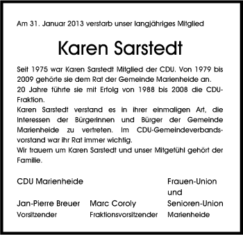 Anzeige von Karen Sarstedt von Kölner Stadt-Anzeiger / Kölnische Rundschau / Express