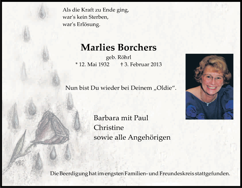  Traueranzeige für Marlies Borchers vom 16.02.2013 aus Kölner Stadt-Anzeiger / Kölnische Rundschau / Express