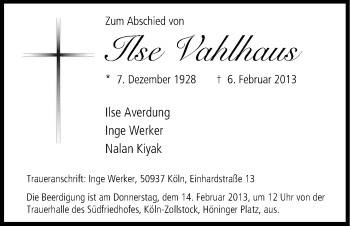 Anzeige von Ilse Vahlhaus von Kölner Stadt-Anzeiger / Kölnische Rundschau / Express