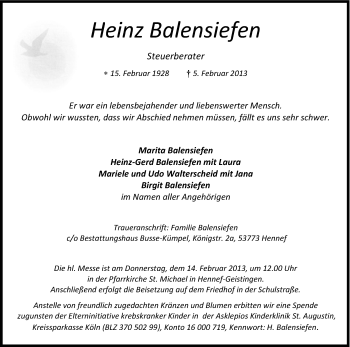 Anzeige von Heinz Balensiefen von Kölner Stadt-Anzeiger / Kölnische Rundschau / Express