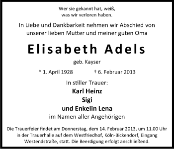 Anzeige von Elisabeth Adels von Kölner Stadt-Anzeiger / Kölnische Rundschau / Express