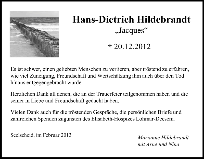  Traueranzeige für Hans-Dietrich Hildebrandt vom 15.02.2013 aus Kölner Stadt-Anzeiger / Kölnische Rundschau / Express