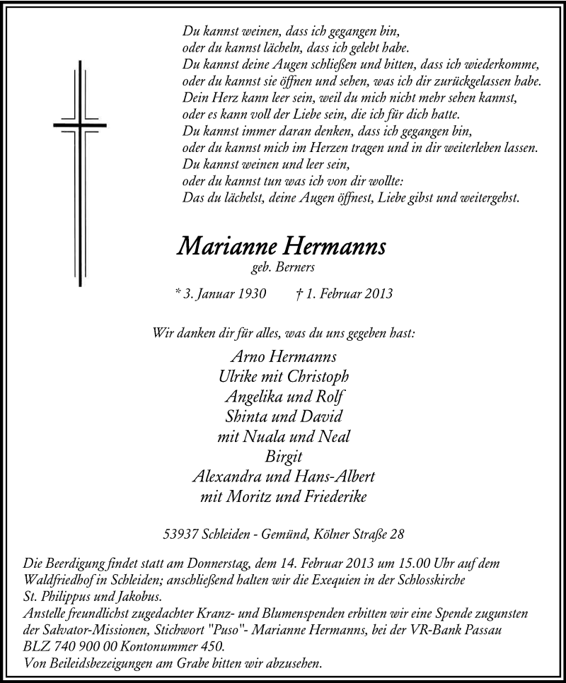  Traueranzeige für Marianne Hermanns vom 09.02.2013 aus Kölner Stadt-Anzeiger / Kölnische Rundschau / Express