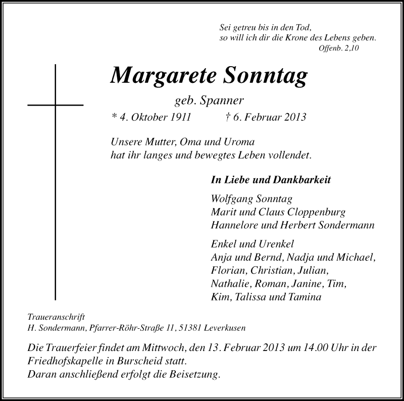  Traueranzeige für Margarete Sonntag vom 09.02.2013 aus Kölner Stadt-Anzeiger / Kölnische Rundschau / Express