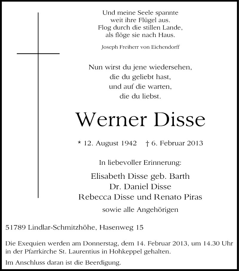  Traueranzeige für Werner Disse vom 09.02.2013 aus Kölner Stadt-Anzeiger / Kölnische Rundschau / Express