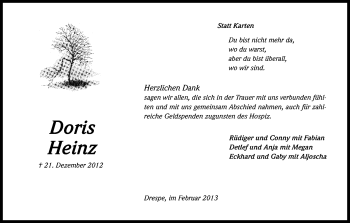 Anzeige von Doris Heinz von Kölner Stadt-Anzeiger / Kölnische Rundschau / Express