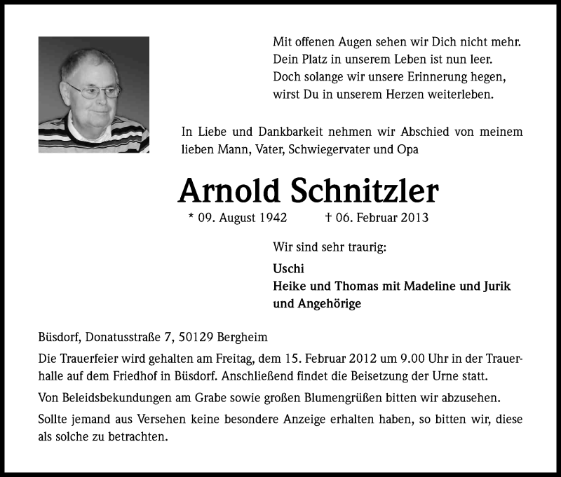  Traueranzeige für Arnold Schnitzler vom 13.02.2013 aus Kölner Stadt-Anzeiger / Kölnische Rundschau / Express