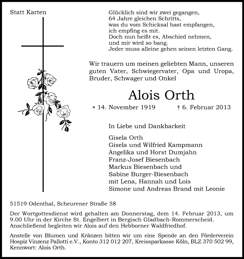  Traueranzeige für Alois Orth vom 09.02.2013 aus Kölner Stadt-Anzeiger / Kölnische Rundschau / Express