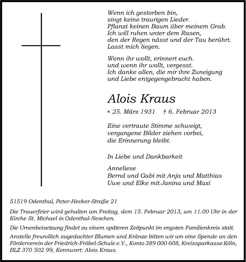  Traueranzeige für Alois Kraus vom 09.02.2013 aus Kölner Stadt-Anzeiger / Kölnische Rundschau / Express