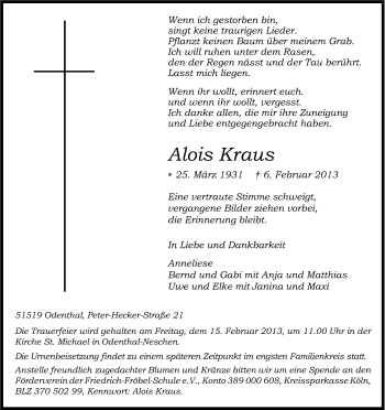 Anzeige von Alois Kraus von Kölner Stadt-Anzeiger / Kölnische Rundschau / Express