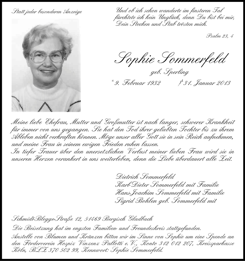  Traueranzeige für Sophie Sommerfeld vom 09.02.2013 aus Kölner Stadt-Anzeiger / Kölnische Rundschau / Express