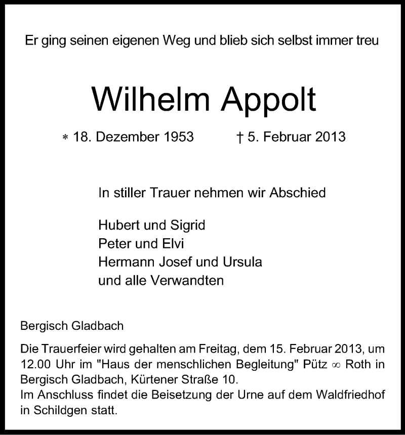  Traueranzeige für Wilhelm Appolt vom 09.02.2013 aus Kölner Stadt-Anzeiger / Kölnische Rundschau / Express